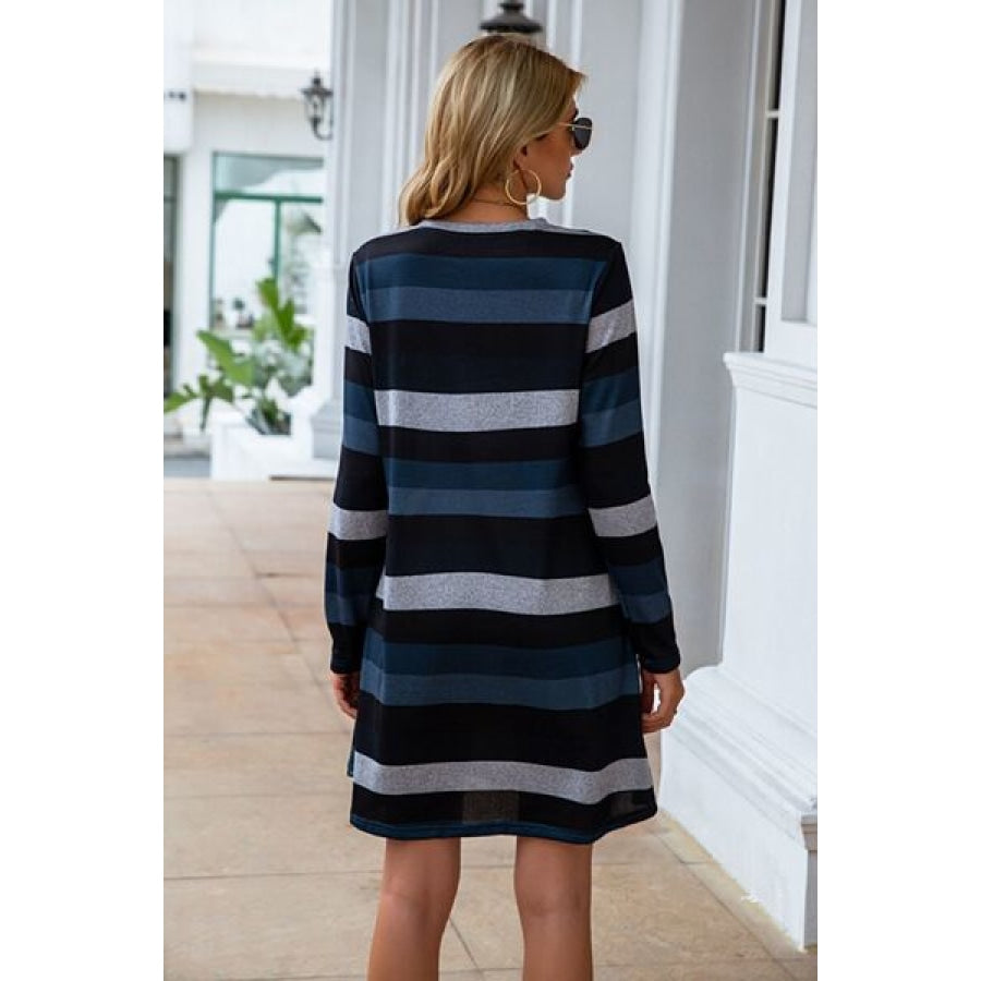 Striped Round Neck Long Sleeve Dress Clothing