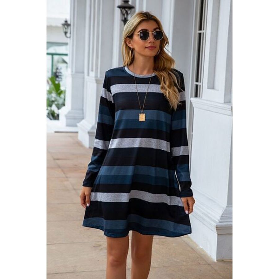 Striped Round Neck Long Sleeve Dress Clothing