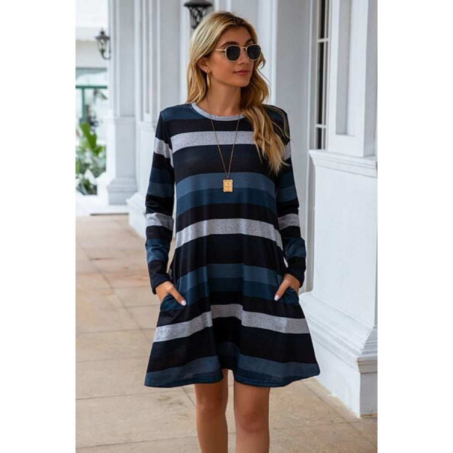 Striped Round Neck Long Sleeve Dress Clothing