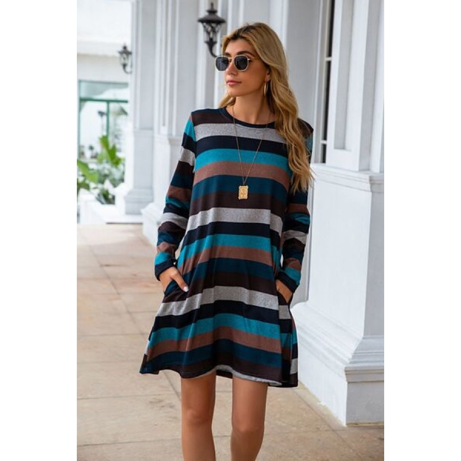 Striped Round Neck Long Sleeve Dress Clothing