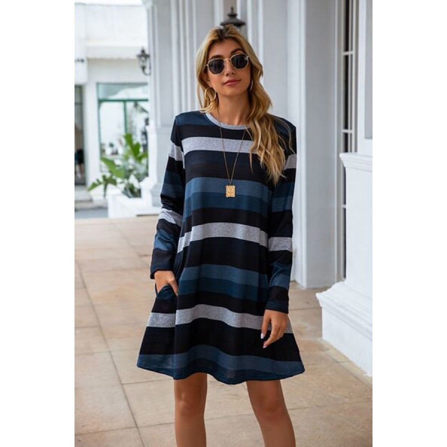 Striped Round Neck Long Sleeve Dress Misty Blue / S Clothing