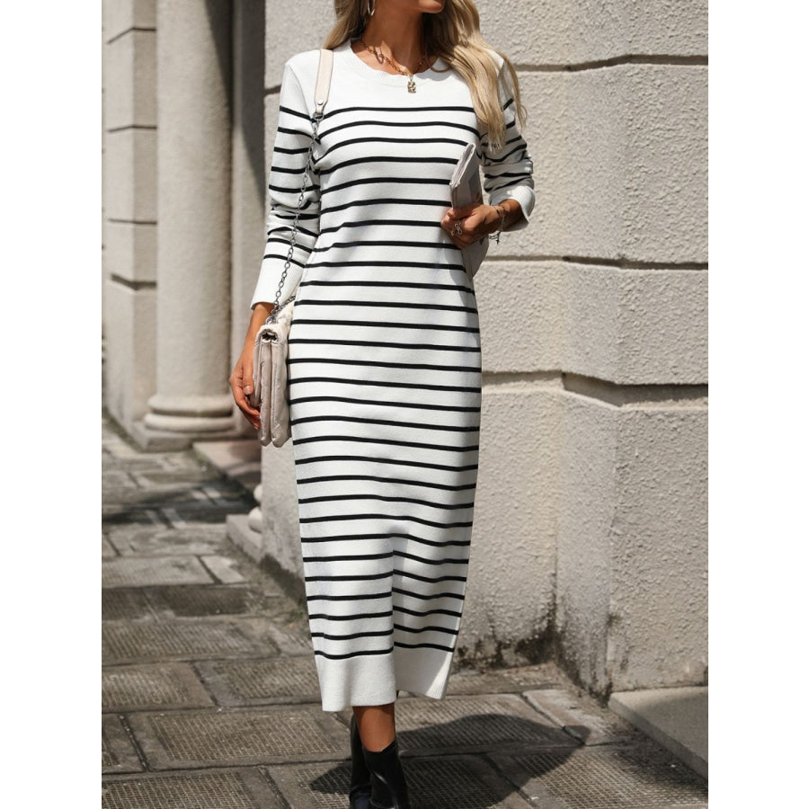 Striped Round Neck Long Sleeve Dress White / S Apparel and Accessories