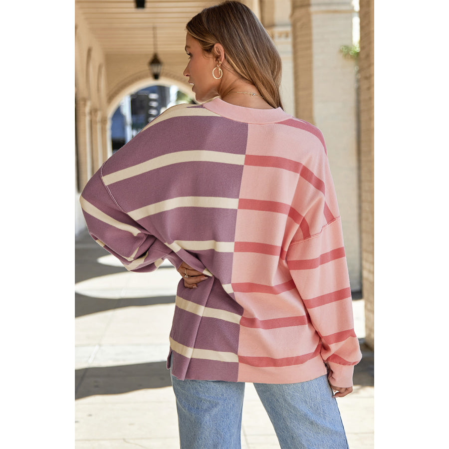 Striped Round Neck Long Sleeve Knit Top Apparel and Accessories