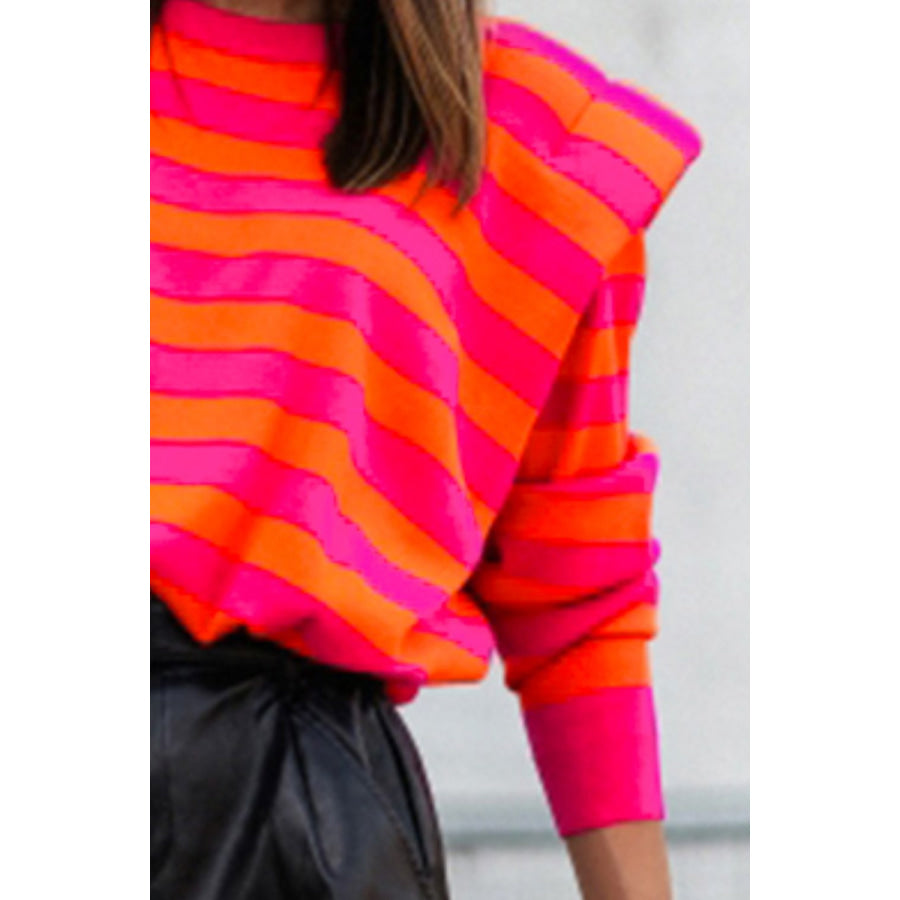 Striped Round Neck Long Sleeve Knit Top Apparel and Accessories