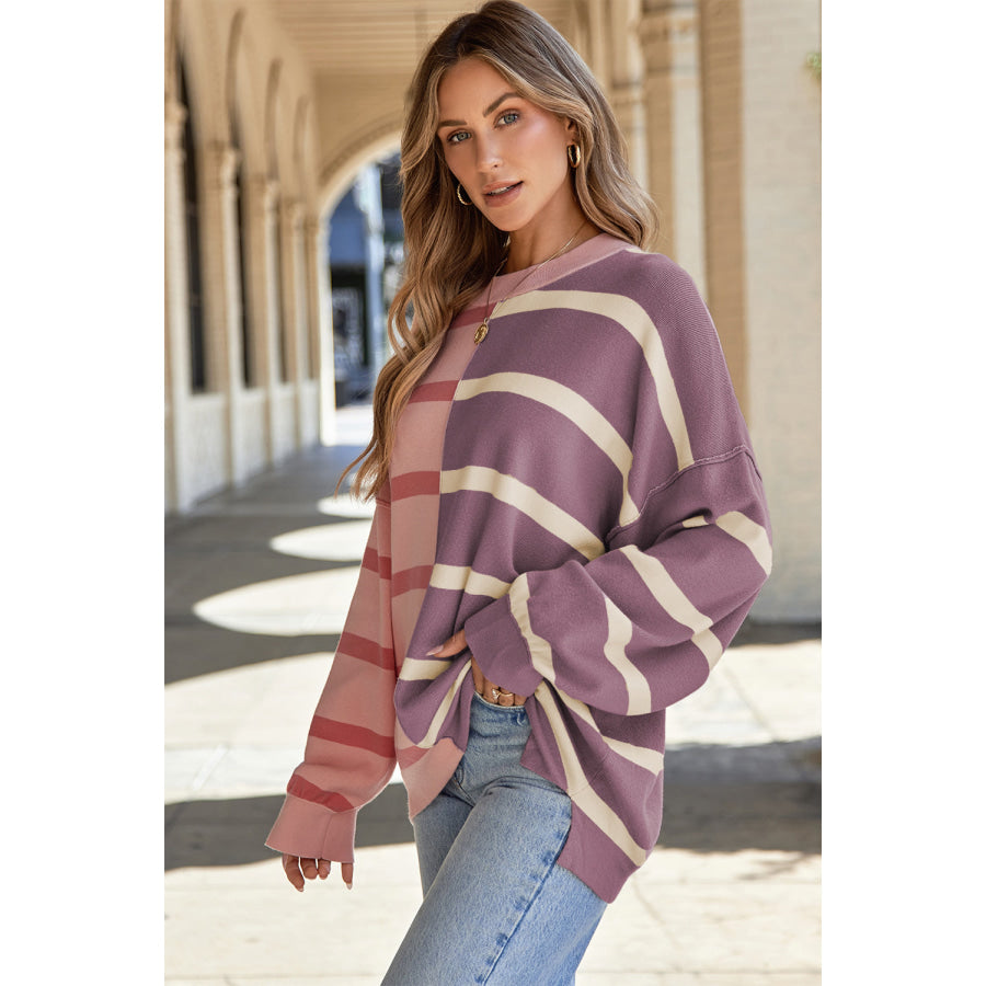 Striped Round Neck Long Sleeve Knit Top Apparel and Accessories