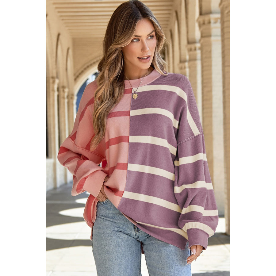 Striped Round Neck Long Sleeve Knit Top Dusty Pink / S Apparel and Accessories