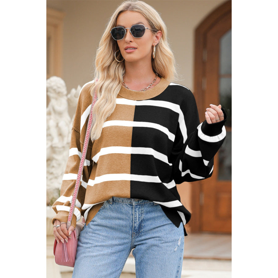 Striped Round Neck Long Sleeve Knit Top Apparel and Accessories