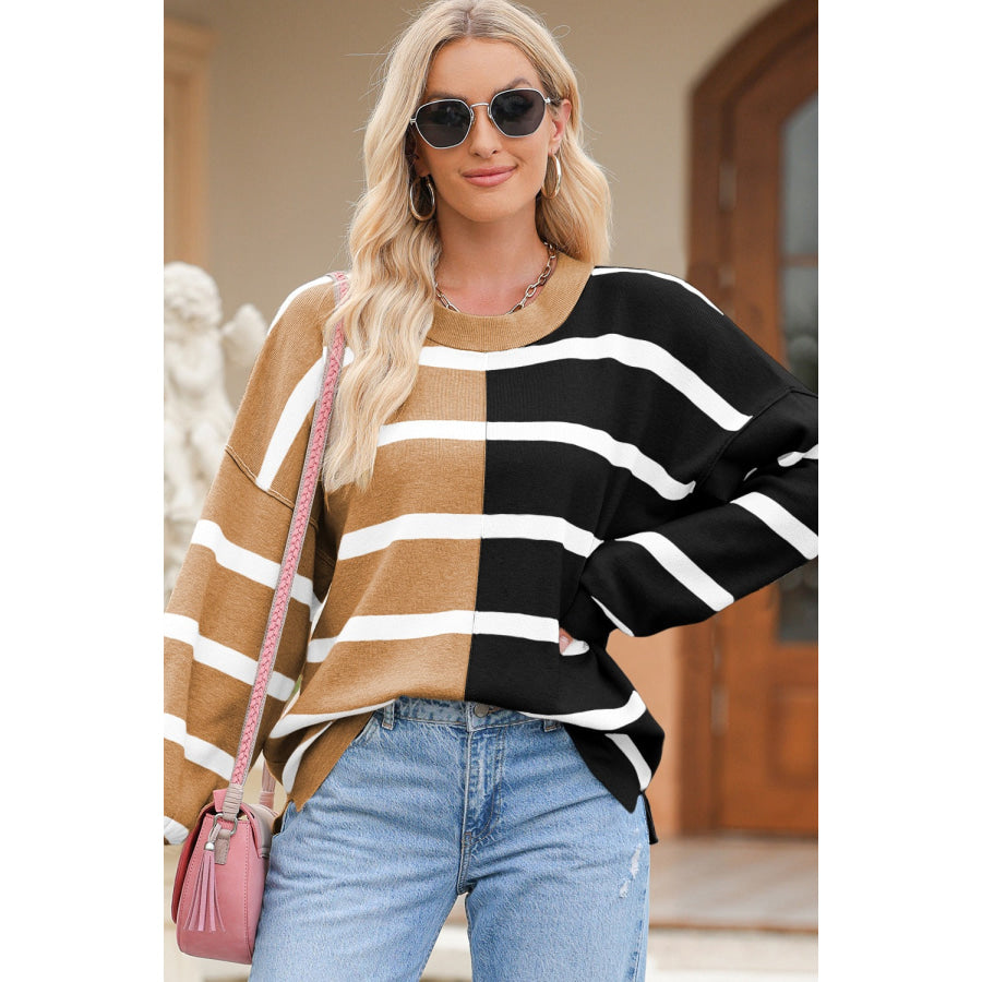 Striped Round Neck Long Sleeve Knit Top Apparel and Accessories