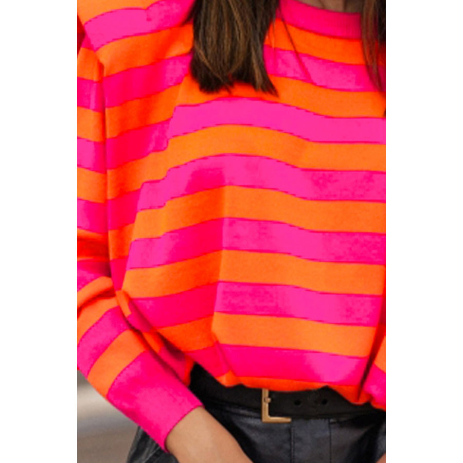 Striped Round Neck Long Sleeve Knit Top Hot Pink / S Apparel and Accessories