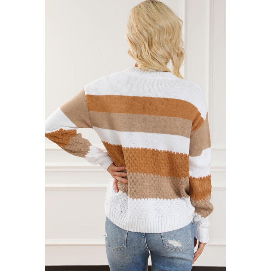 Striped Round Neck Long Sleeve Knit Top Ochre / S Clothing