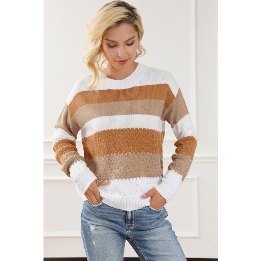 Striped Round Neck Long Sleeve Knit Top Clothing