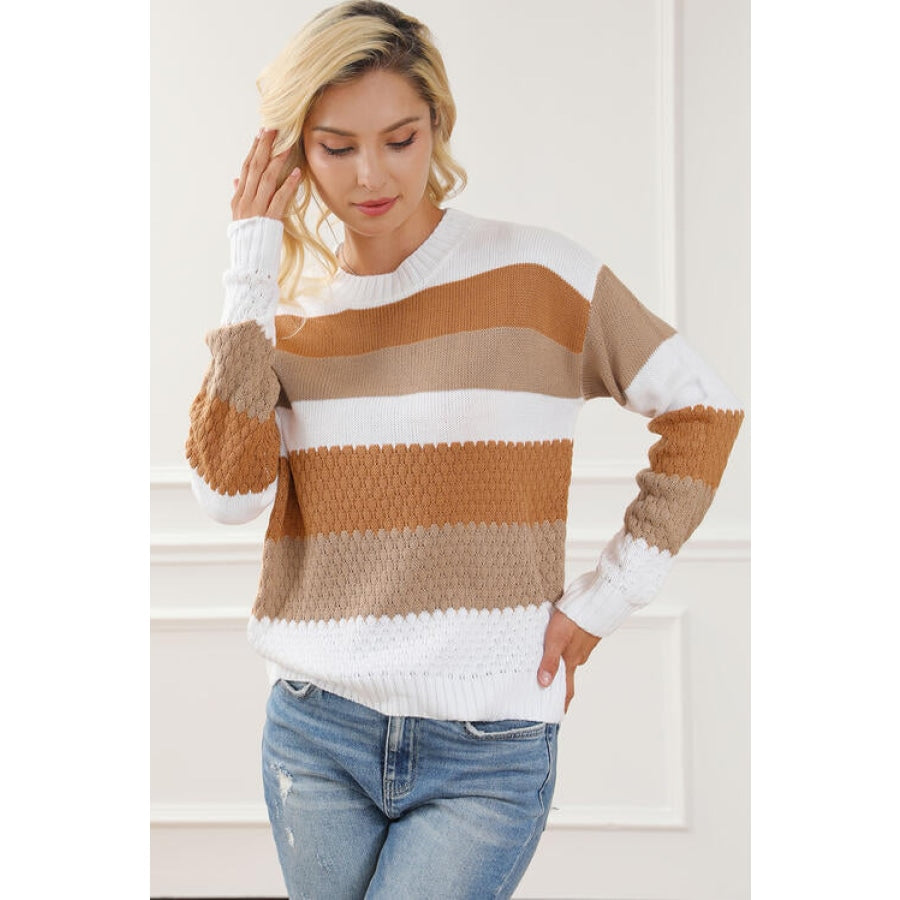 Striped Round Neck Long Sleeve Knit Top Clothing