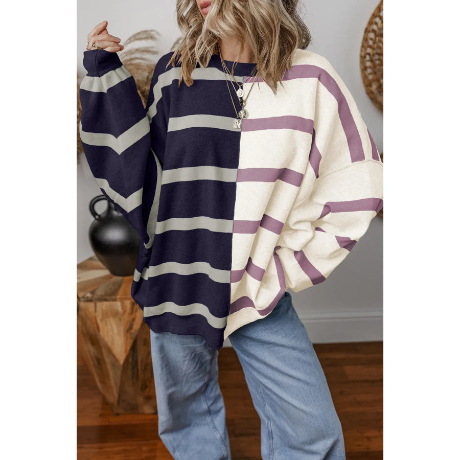 Striped Round Neck Long Sleeve Knit Top Dark Navy / L Apparel and Accessories