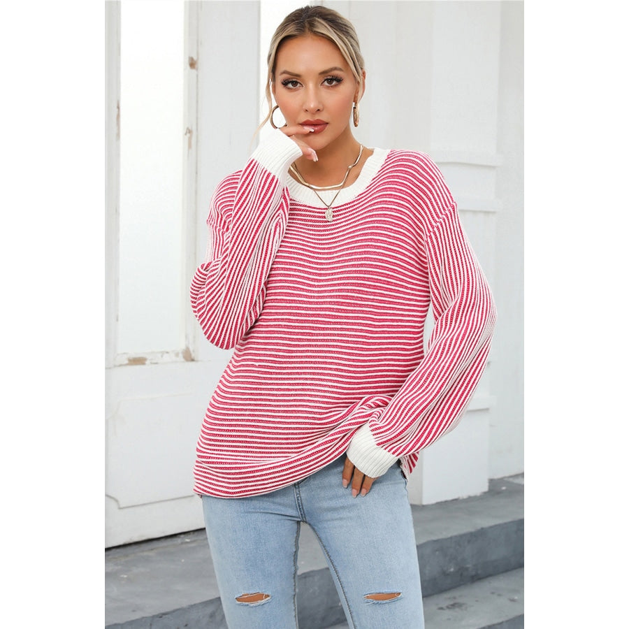 Striped Round Neck Long Sleeve Knit Top Deep Rose / S