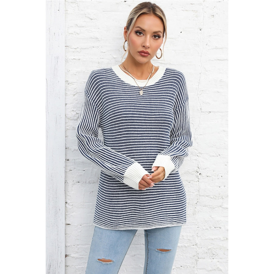 Striped Round Neck Long Sleeve Knit Top Dusty Blue / S