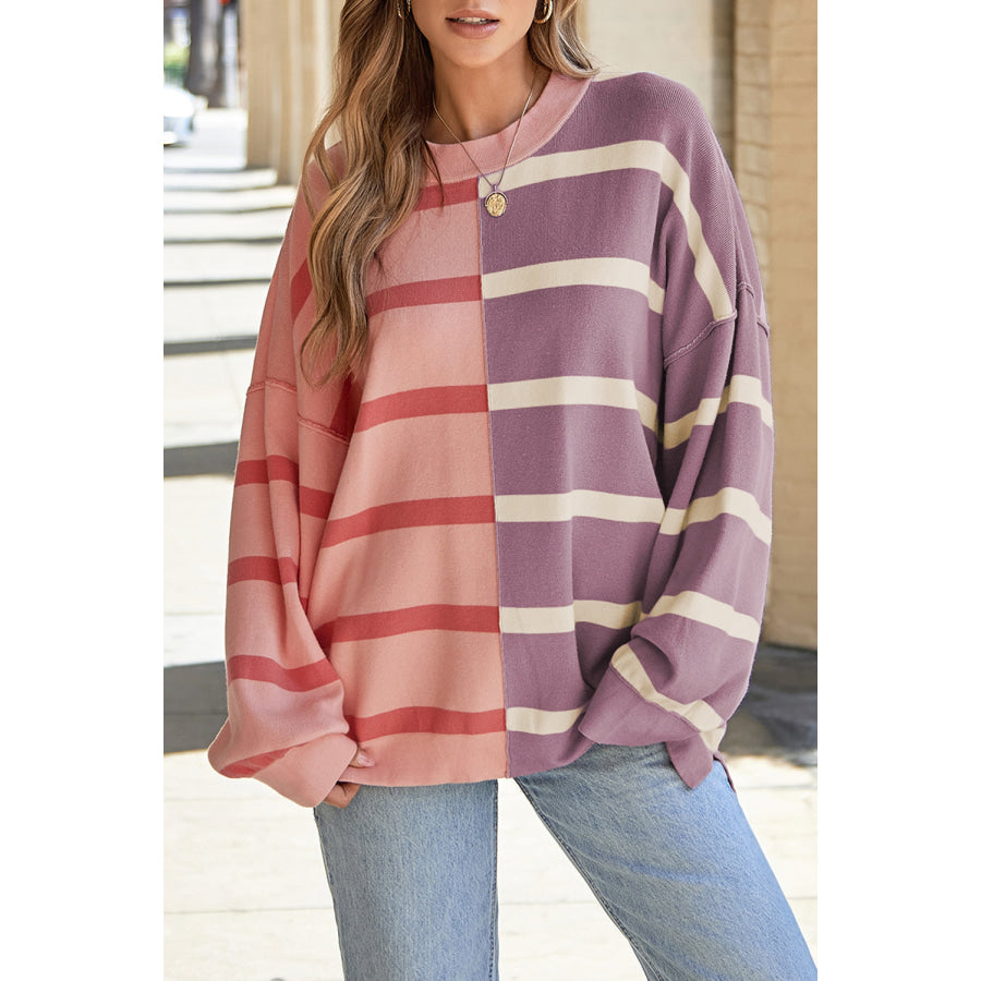 Striped Round Neck Long Sleeve Knit Top Dusty Pink / S Apparel and Accessories