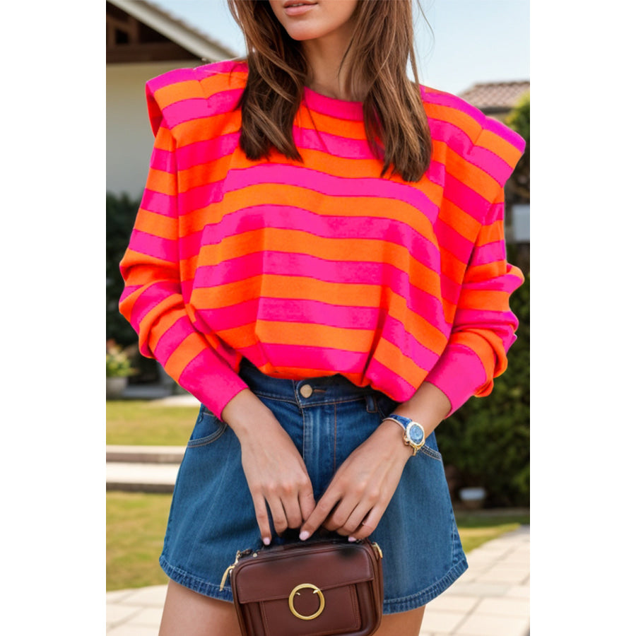 Striped Round Neck Long Sleeve Knit Top Hot Pink / S Apparel and Accessories