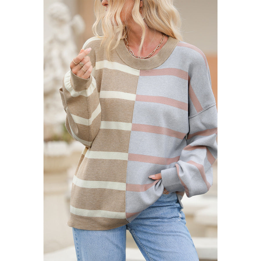 Striped Round Neck Long Sleeve Knit Top Khaki / S Apparel and Accessories