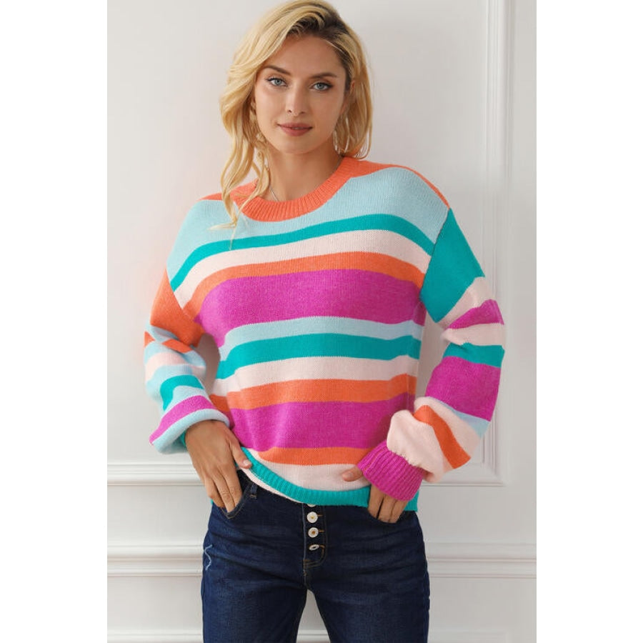 Striped Round Neck Long Sleeve Knit Top Multicolor / S