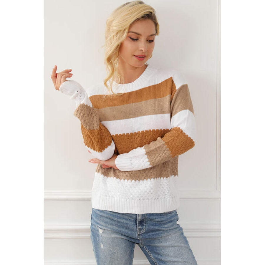 Striped Round Neck Long Sleeve Knit Top Ochre / S Clothing