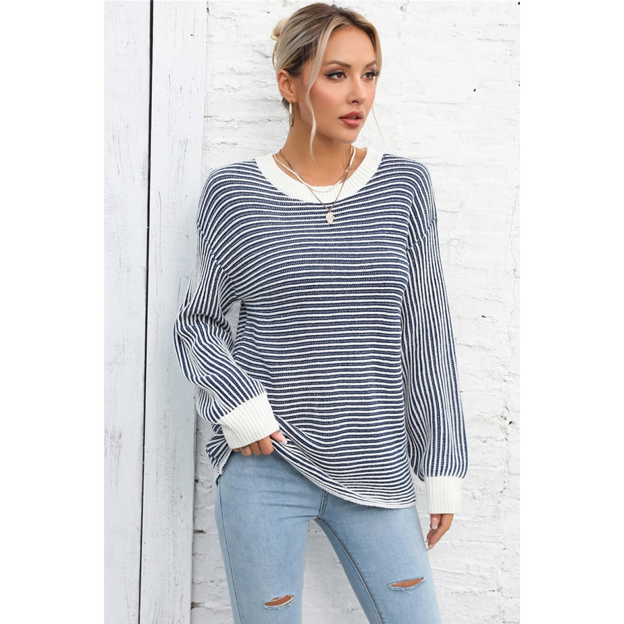 Striped Round Neck Long Sleeve Knit Top