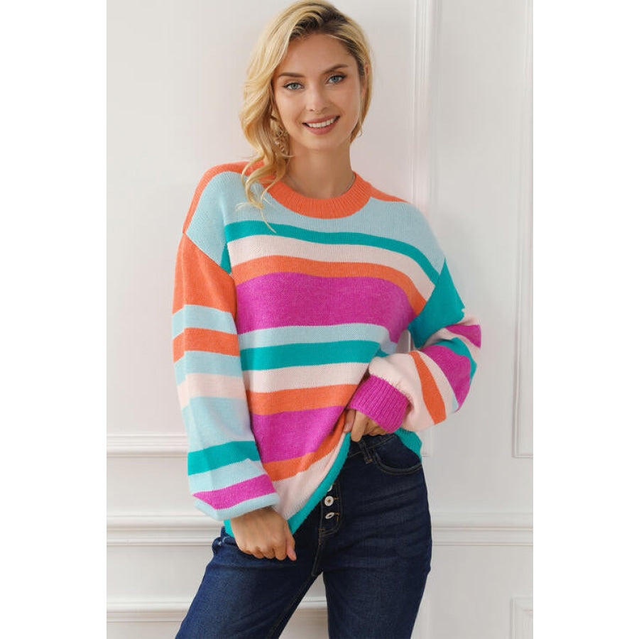 Striped Round Neck Long Sleeve Knit Top