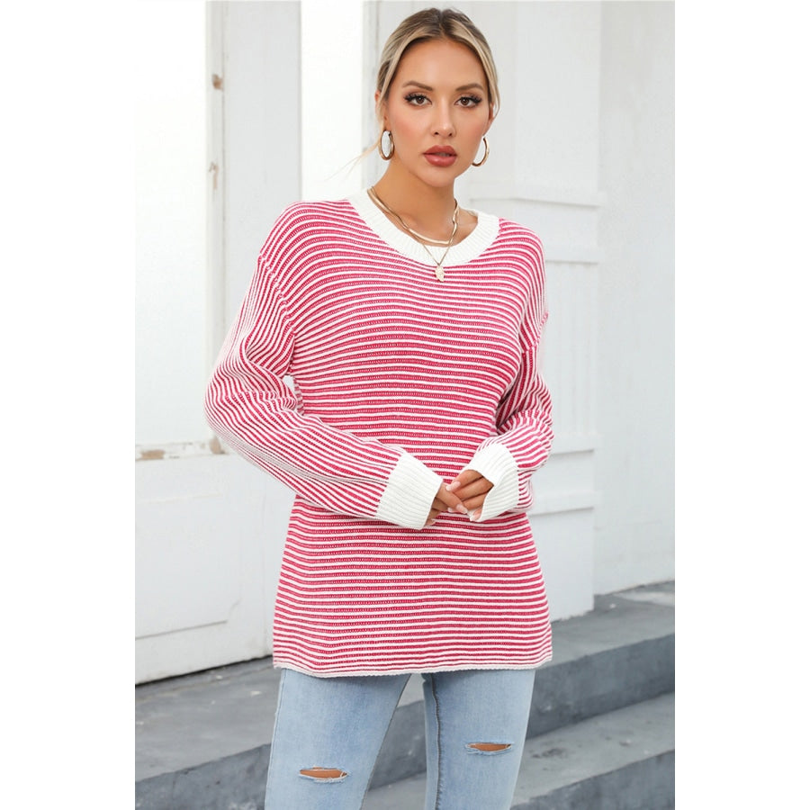 Striped Round Neck Long Sleeve Knit Top