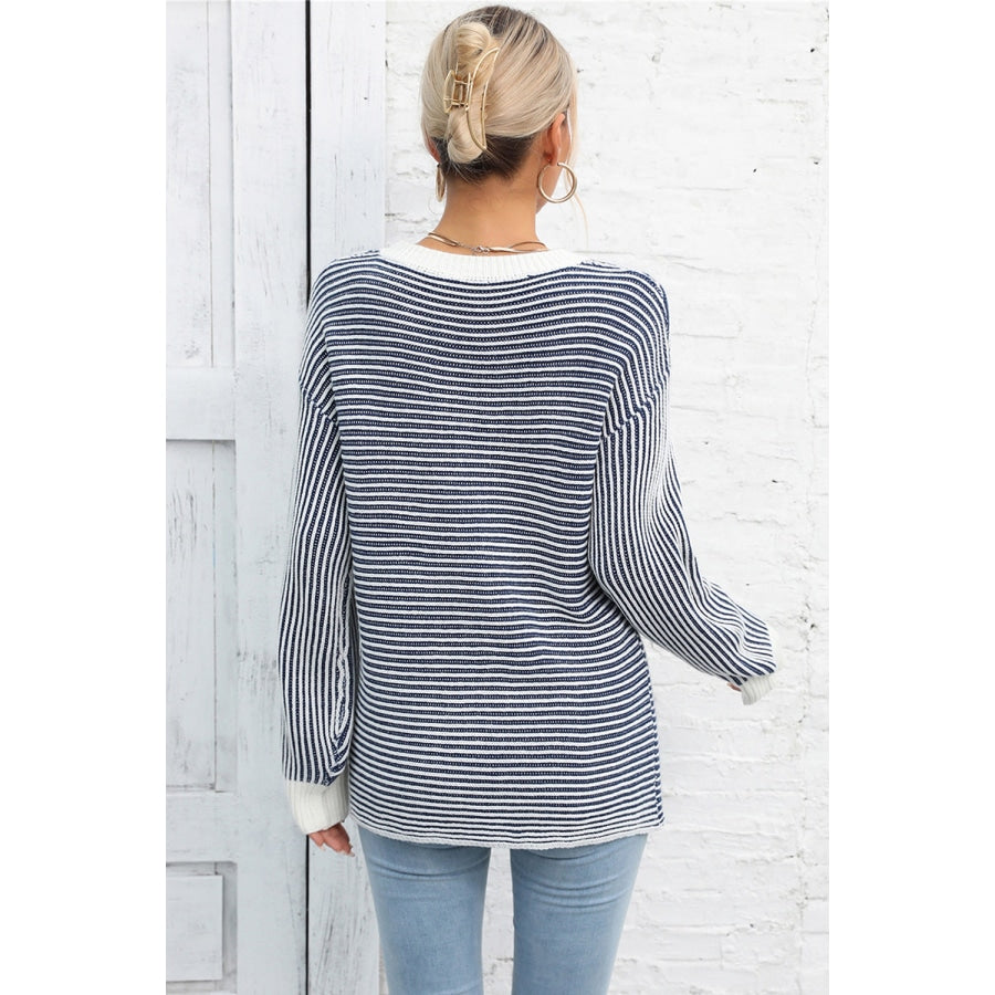 Striped Round Neck Long Sleeve Knit Top