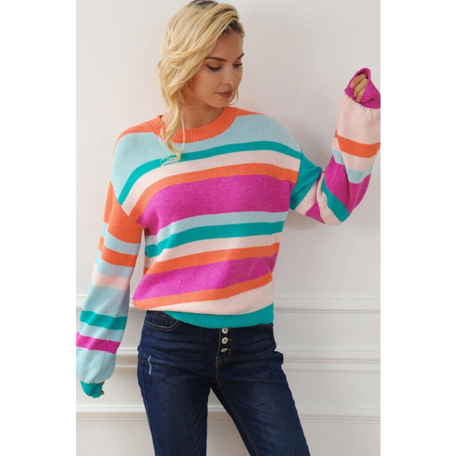 Striped Round Neck Long Sleeve Knit Top