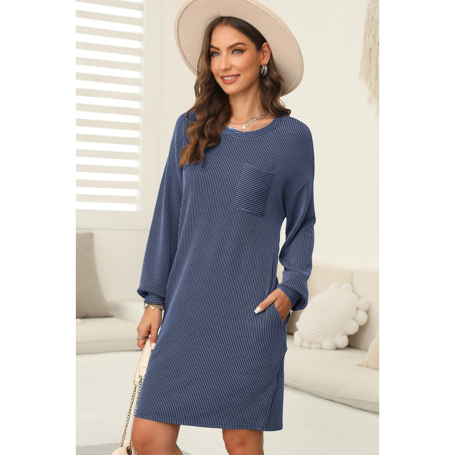 Striped Round Neck Long Sleeve Mini Dress Dusty Blue / S Apparel and Accessories