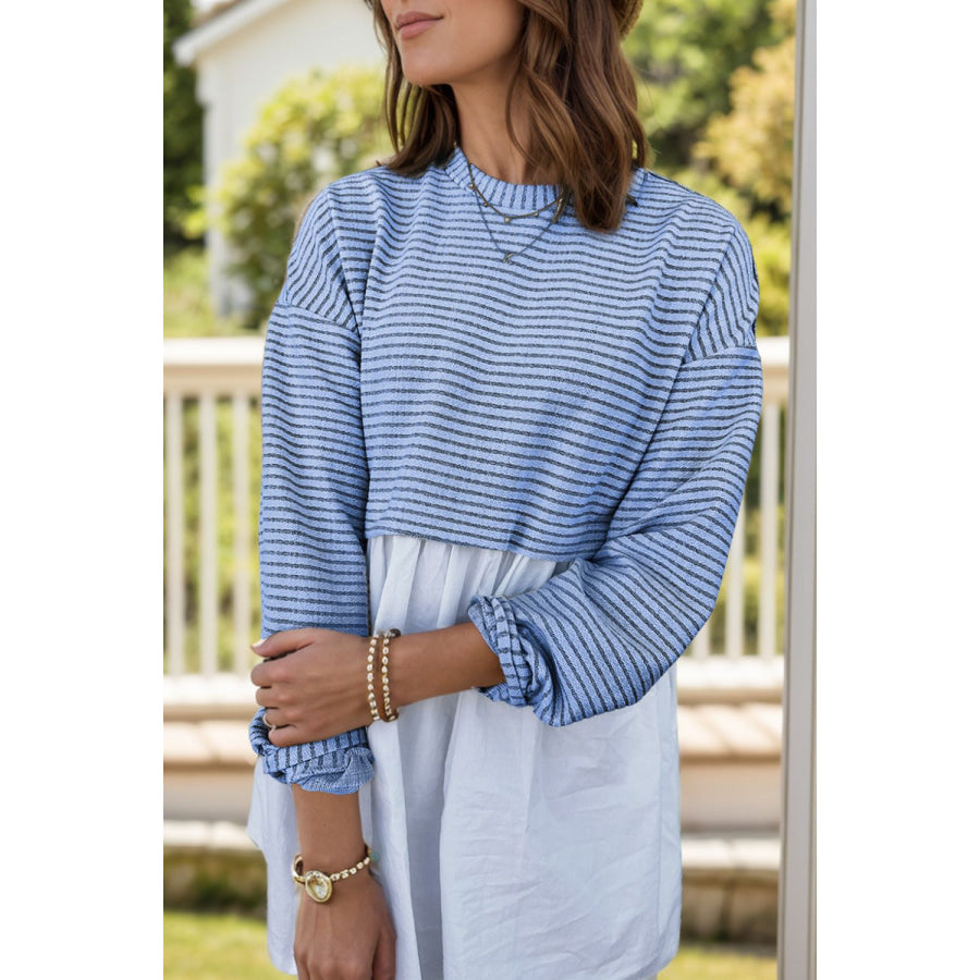 Striped Round Neck Long Sleeve Mini Dress Apparel and Accessories