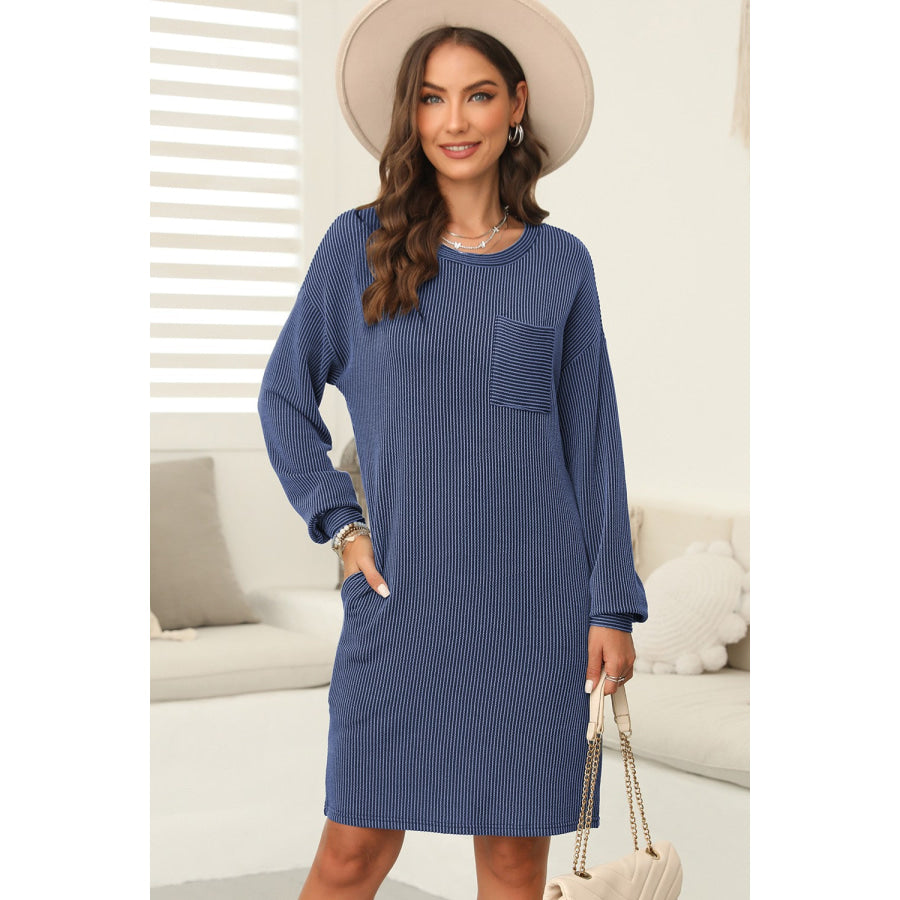 Striped Round Neck Long Sleeve Mini Dress Dusty Blue / S Apparel and Accessories