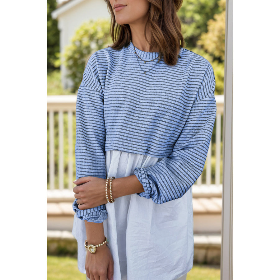 Striped Round Neck Long Sleeve Mini Dress Peacock Blue / S Apparel and Accessories