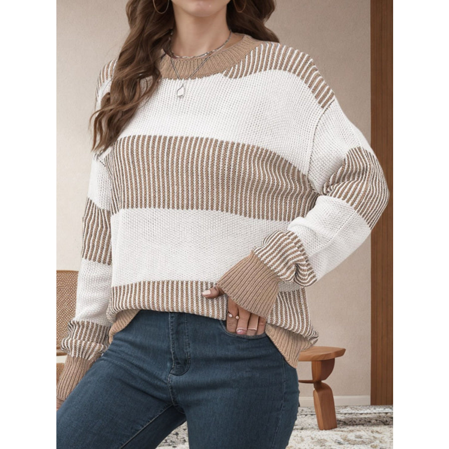 Striped Round Neck Long Sleeve Sweater Apparel and Accessories