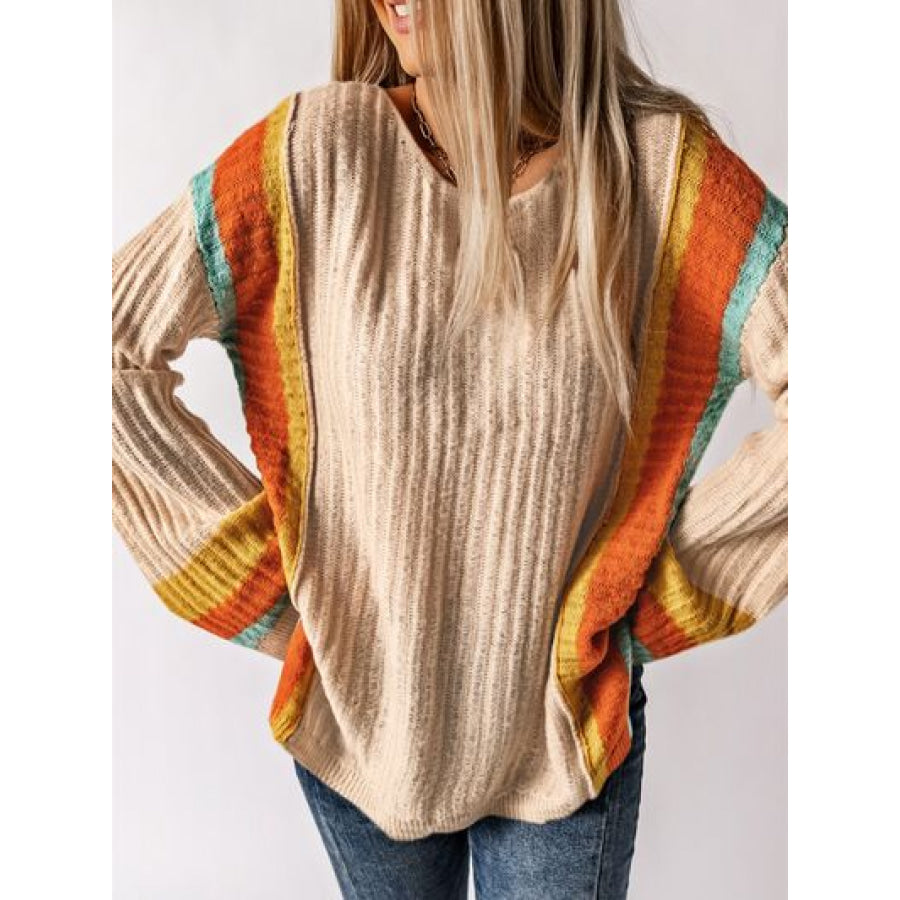 Striped Round Neck Long Sleeve Sweater Apparel and Accessories