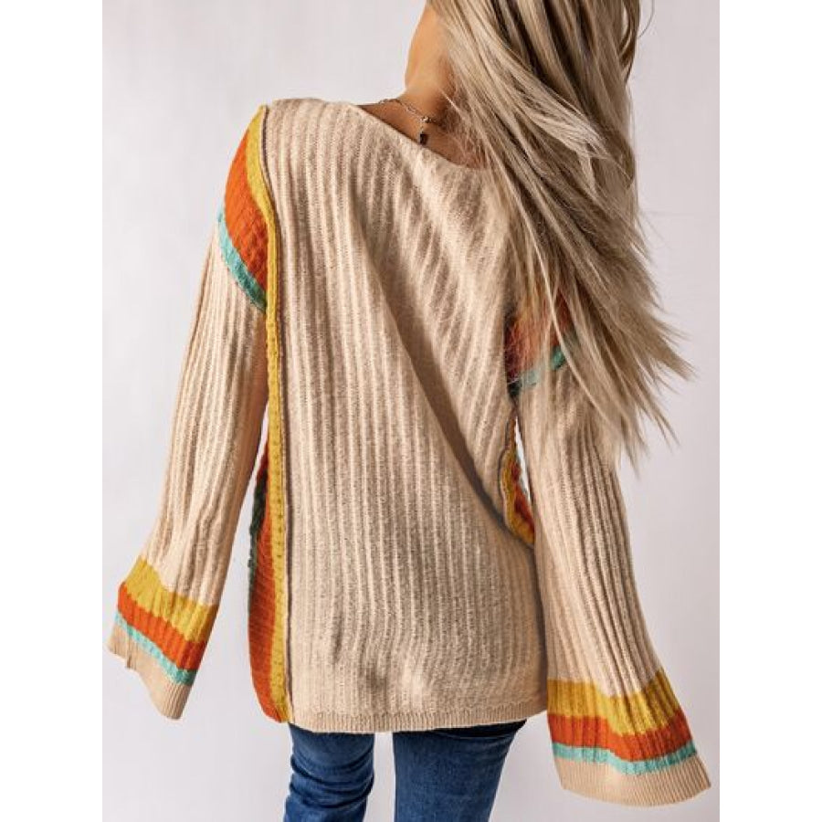 Striped Round Neck Long Sleeve Sweater Tan / S Apparel and Accessories