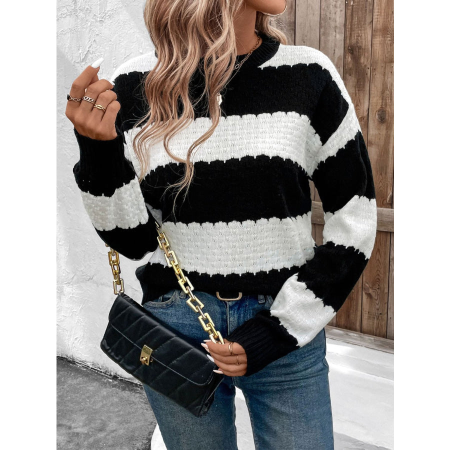 Striped Round Neck Long Sleeve Sweater Apparel and Accessories