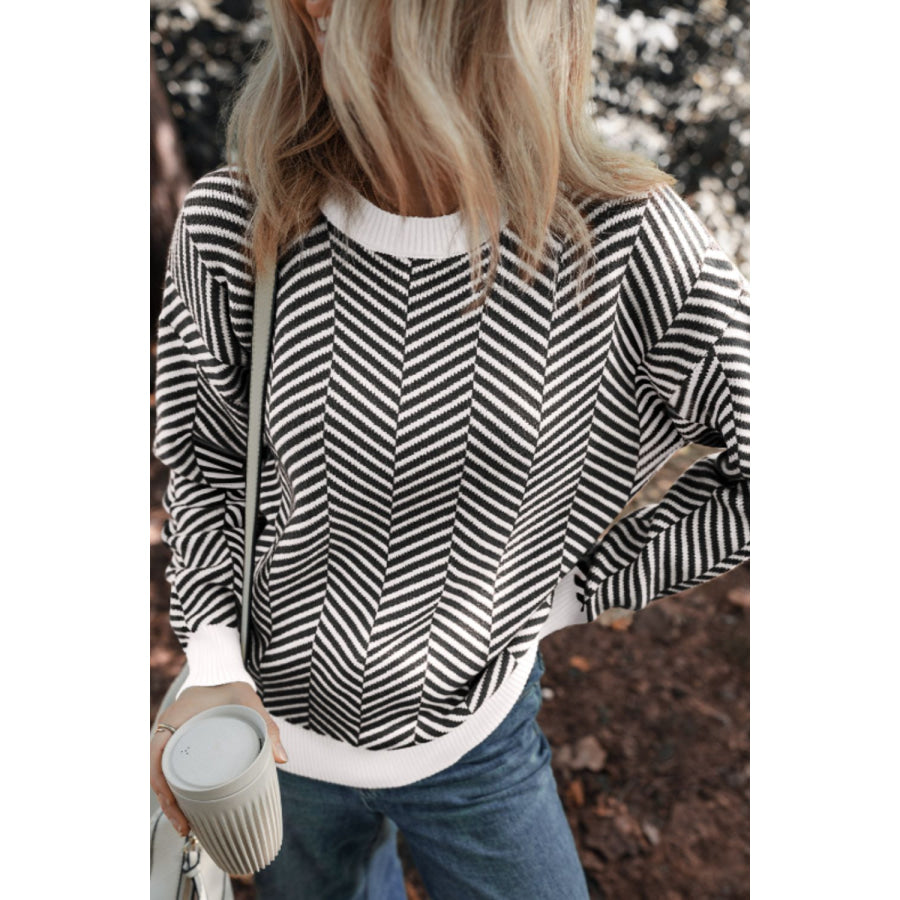 Striped Round Neck Long Sleeve Sweater Apparel and Accessories