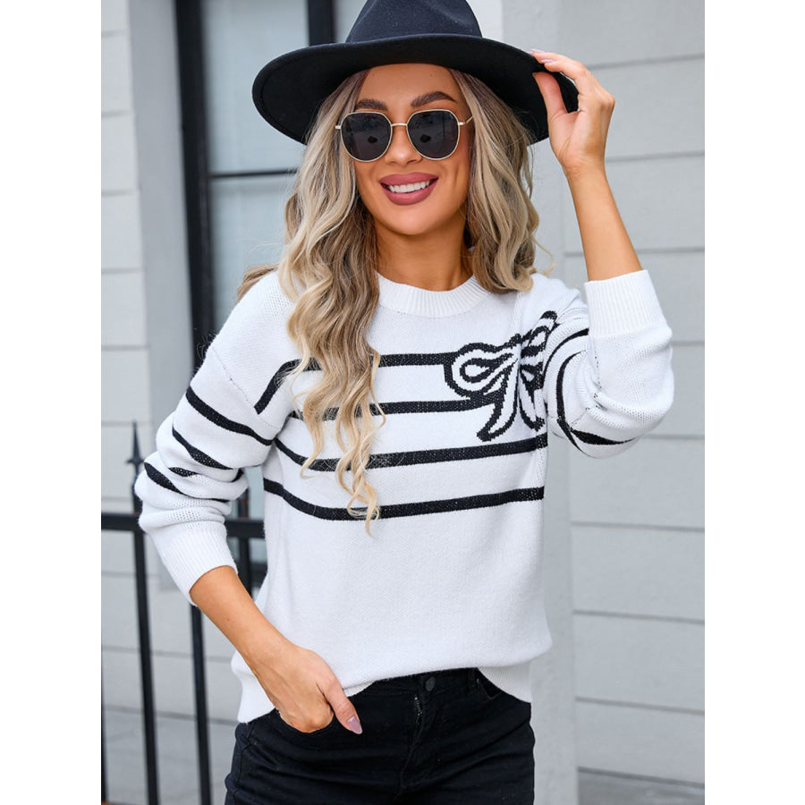 Striped Round Neck Long Sleeve Sweater Apparel and Accessories