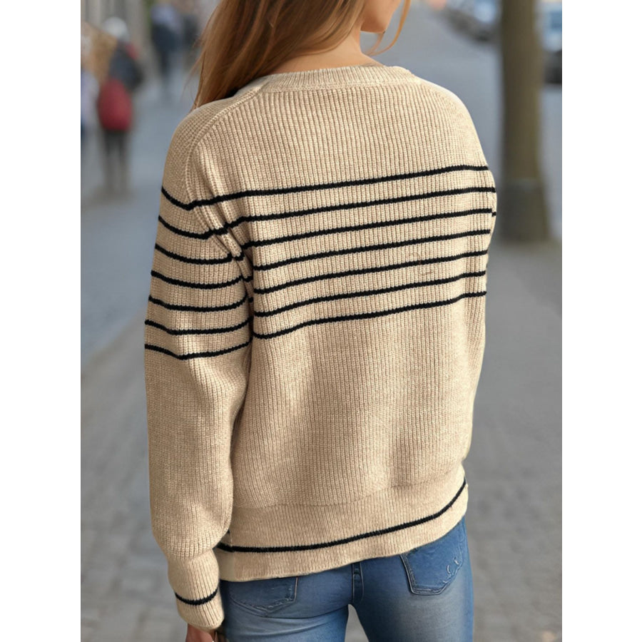 Striped Round Neck Long Sleeve Sweater Apparel and Accessories