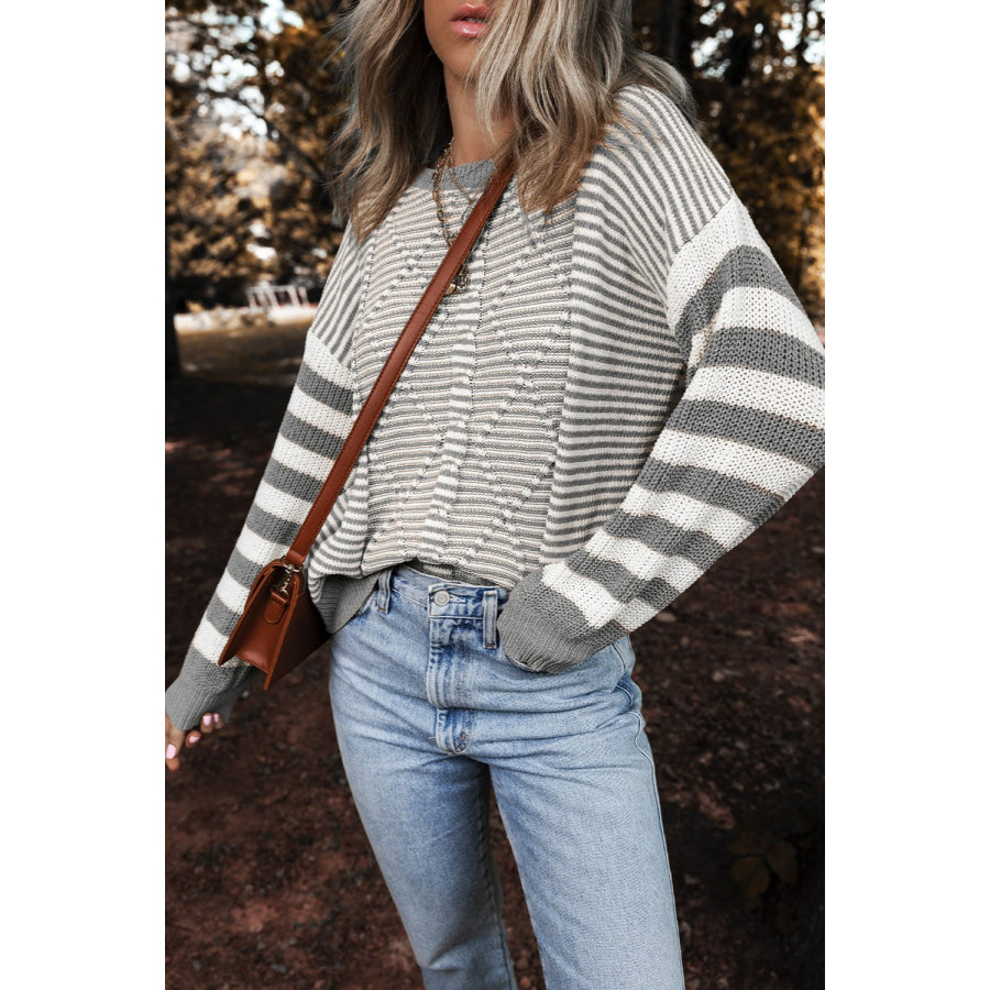 Striped Round Neck Long Sleeve Sweater Apparel and Accessories