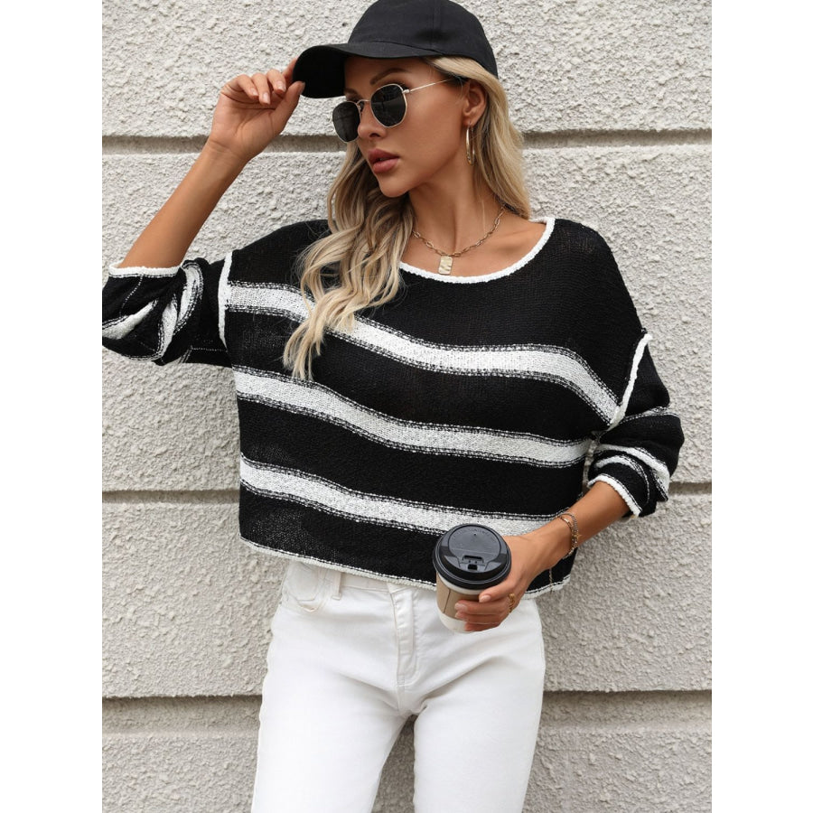 Striped Round Neck Long Sleeve Sweater Apparel and Accessories