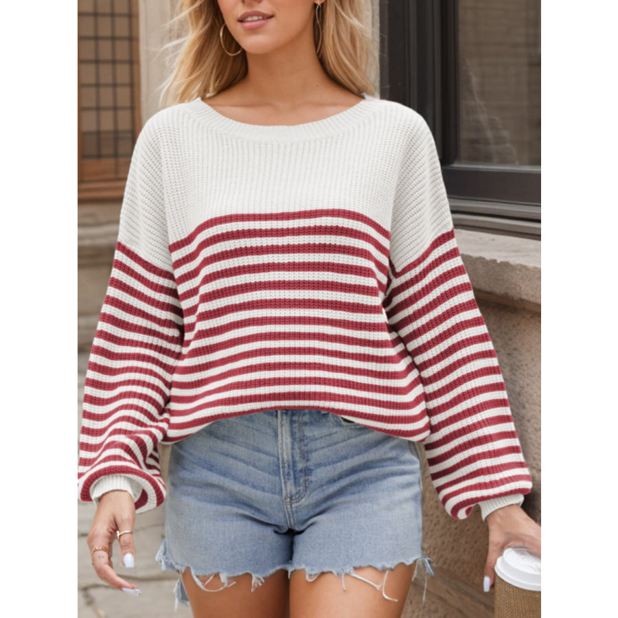 Striped Round Neck Long Sleeve Sweater Apparel and Accessories