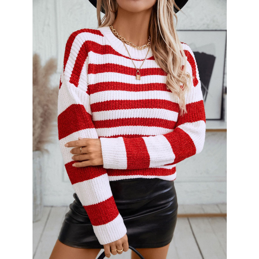 Striped Round Neck Long Sleeve Sweater Apparel and Accessories