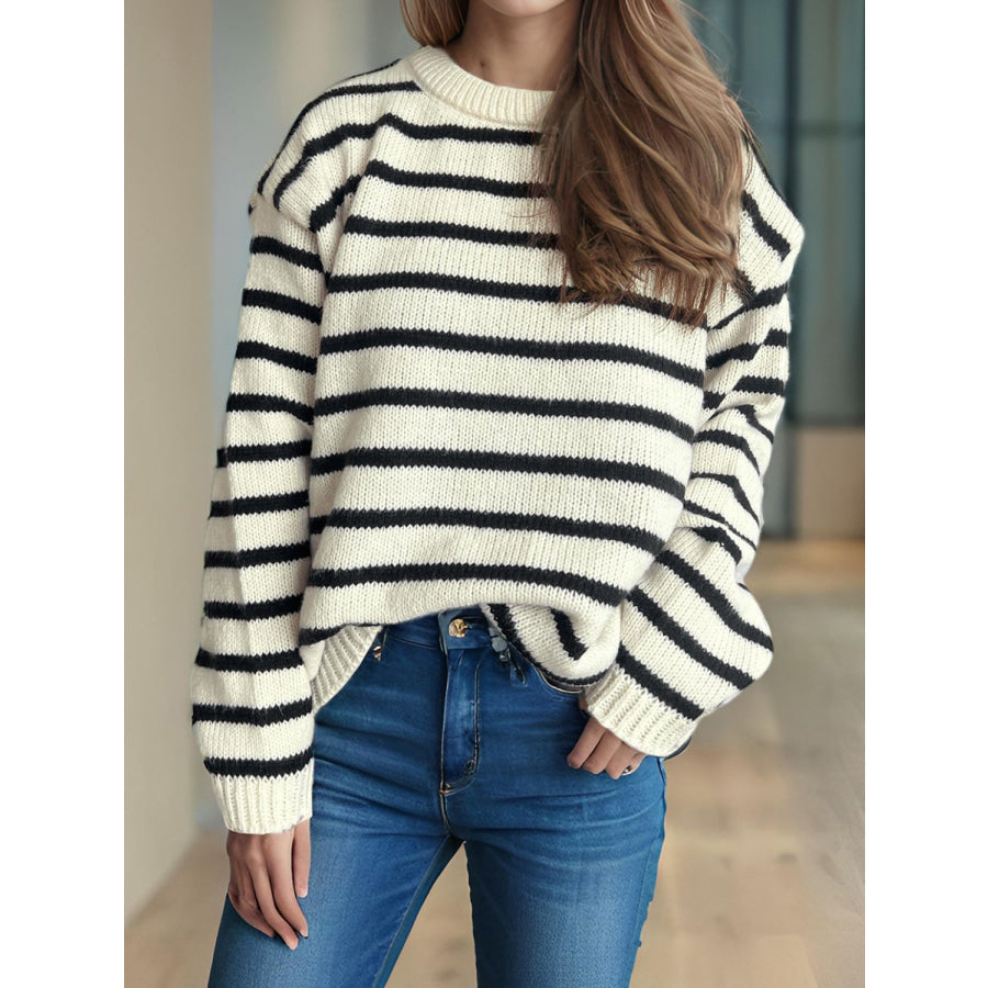 Striped Round Neck Long Sleeve Sweater Apparel and Accessories