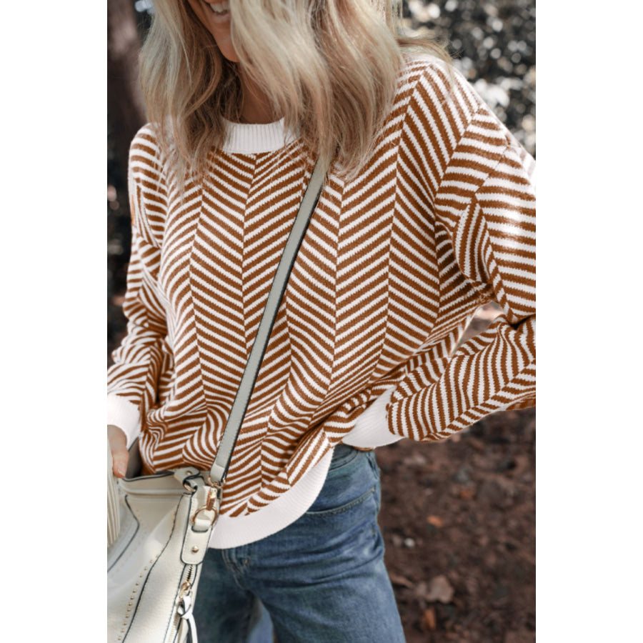 Striped Round Neck Long Sleeve Sweater Apparel and Accessories