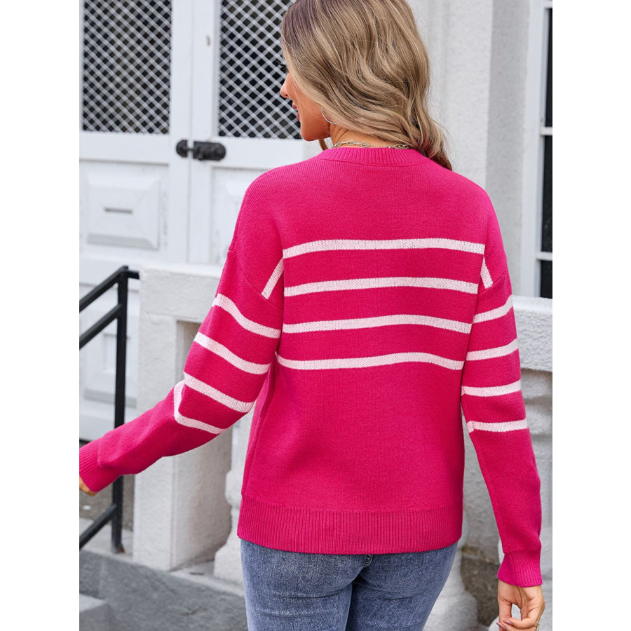 Striped Round Neck Long Sleeve Sweater Apparel and Accessories