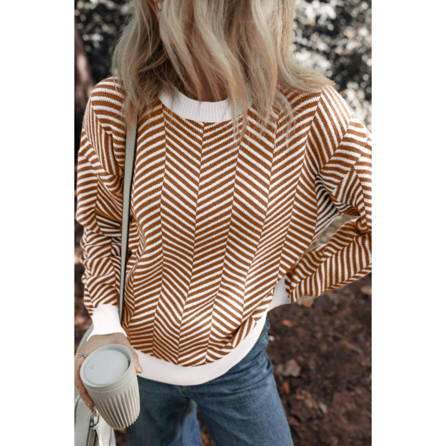 Striped Round Neck Long Sleeve Sweater Apparel and Accessories