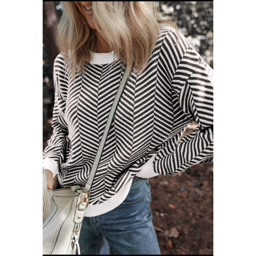 Striped Round Neck Long Sleeve Sweater Apparel and Accessories