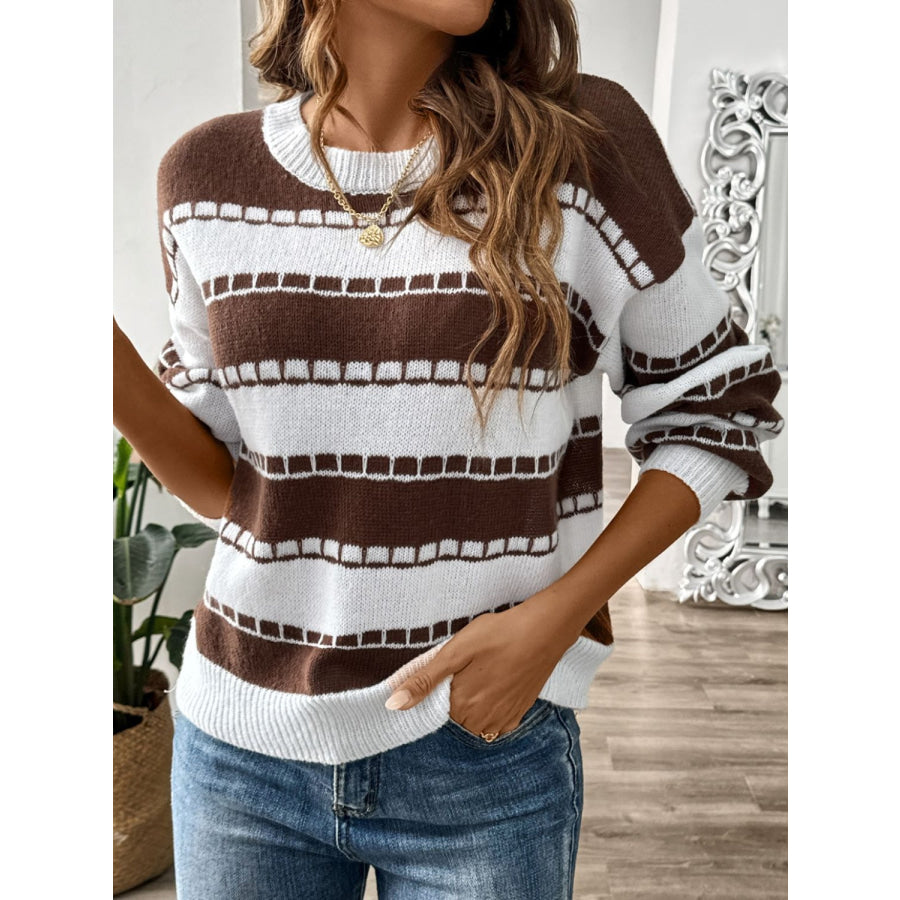 Striped Round Neck Long Sleeve Sweater Apparel and Accessories